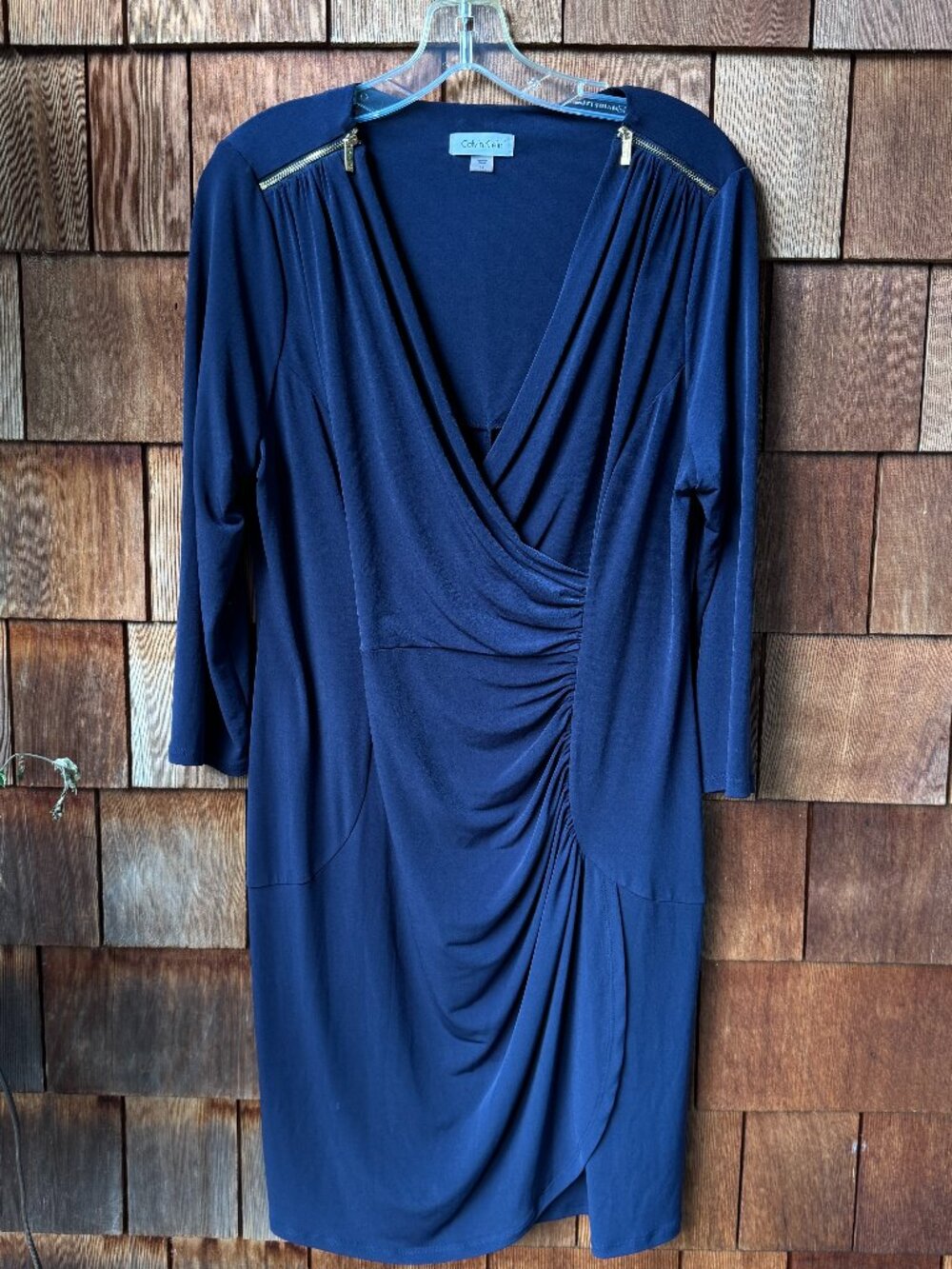 Calvin Klein Navy Blue Faux Wrap Zippered Shoulder Knit Dress in Women's 14